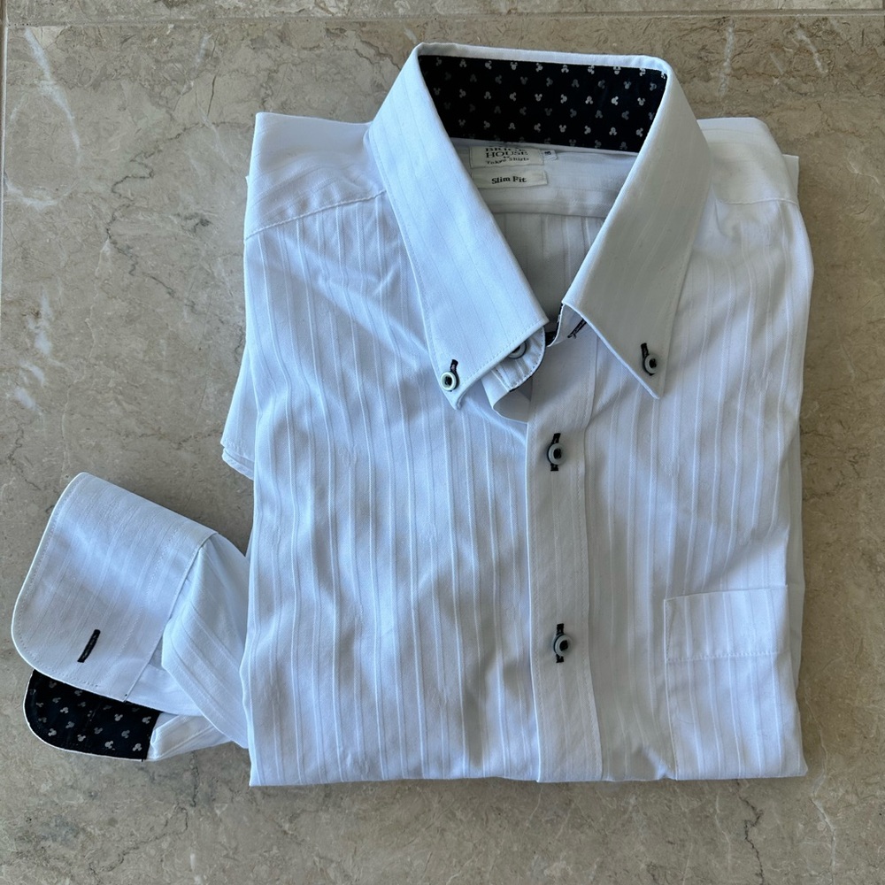 Men's White Dress Shirt with Mickey Mouse Print in size S